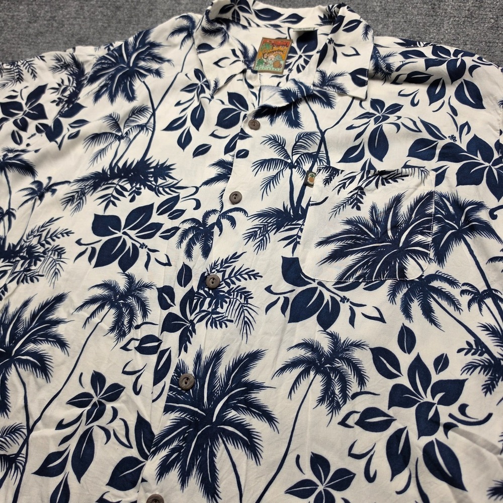 Vintage Pineapple Connection Hawaiian Shirt Mens XL White Navy Palm Tree Rayon